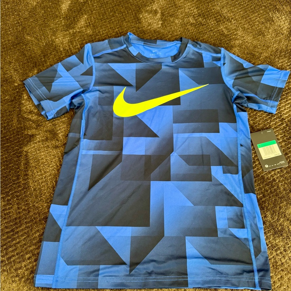 Nike Blue Geometric Short Sleeve Tee with Yellow Swoosh
